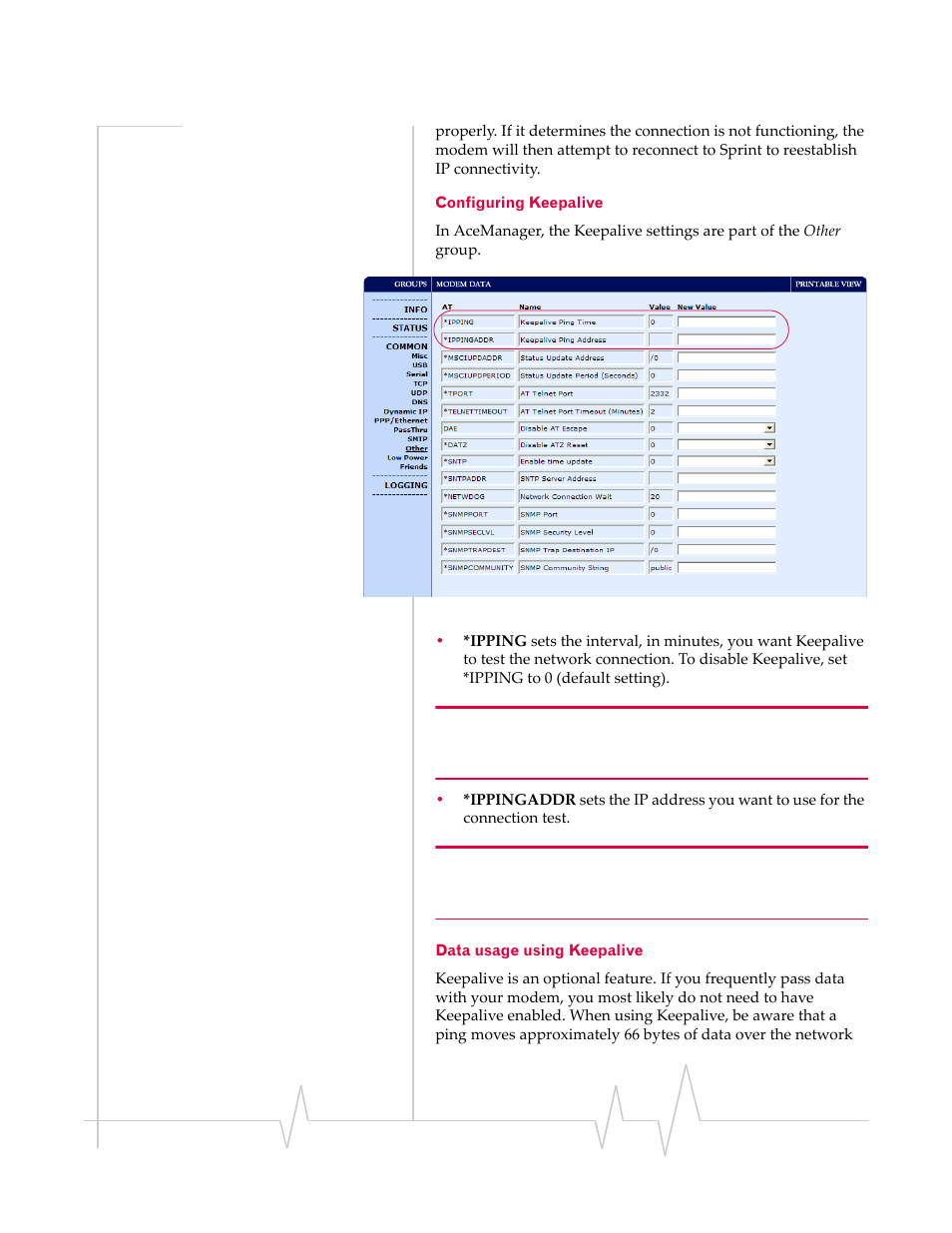 Configuring keepalive data usage using keepalive | Sierra Wireless RAVEN 1X 20070914 User Manual | Page 73 / 176