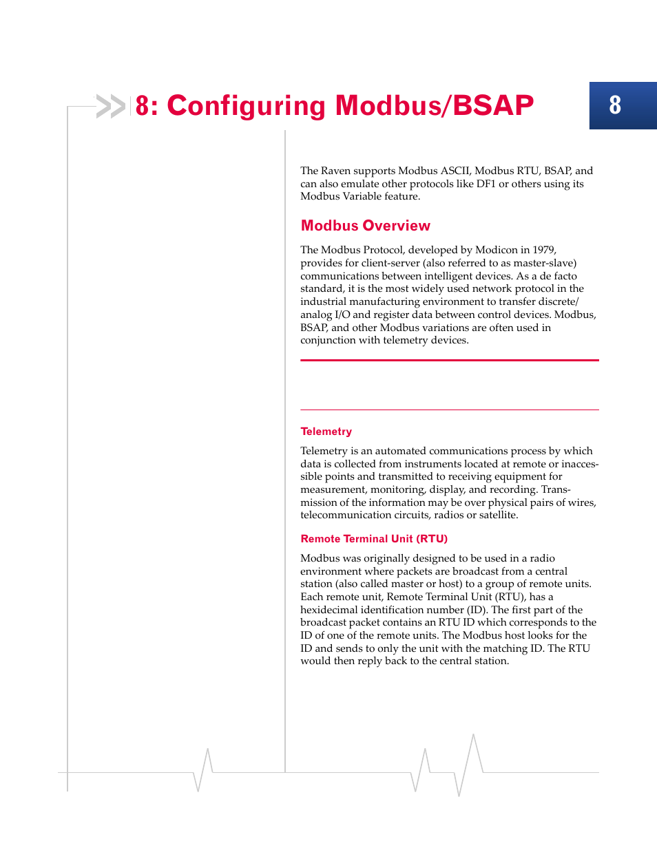 Configuring modbus/bsap, Modbus overview, Telemetry remote terminal unit (rtu) | Sierra Wireless RAVEN 1X 20070914 User Manual | Page 82 / 176