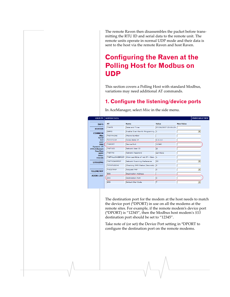 Configuring the raven, At the polling host for modbus on udp, Configure the listening/device ports | Sierra Wireless RAVEN 1X 20070914 User Manual | Page 84 / 176