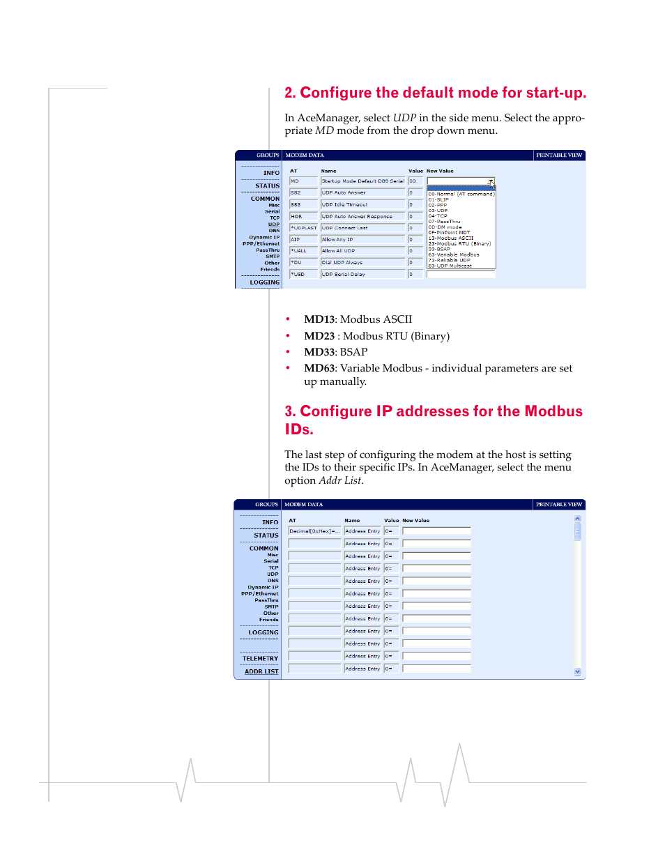 Configure the default mode for start-up, Configure ip addresses for the modbus ids | Sierra Wireless RAVEN 1X 20070914 User Manual | Page 85 / 176