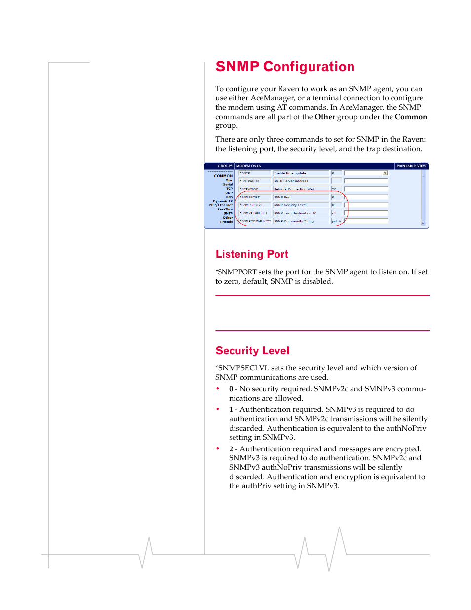 Snmp configuration, Listening port, Security level | Sierra Wireless RAVEN 1X 20070914 User Manual | Page 93 / 176