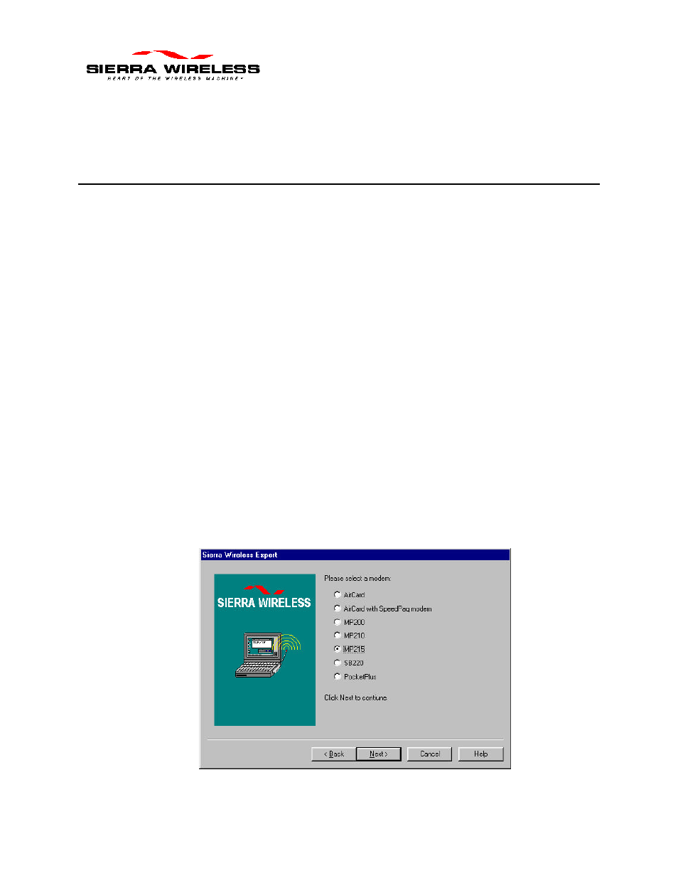 Configuring the mp215 with wireless expert, Setup | Sierra Wireless MP215 User Manual | Page 23 / 38