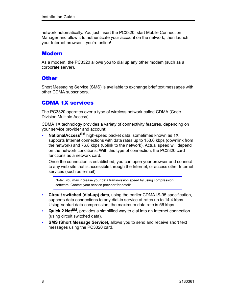 Modem, Other, Cdma1x services | Modem other cdma 1x services, Cdma 1x services | Sierra Wireless PC3320 User Manual | Page 10 / 40