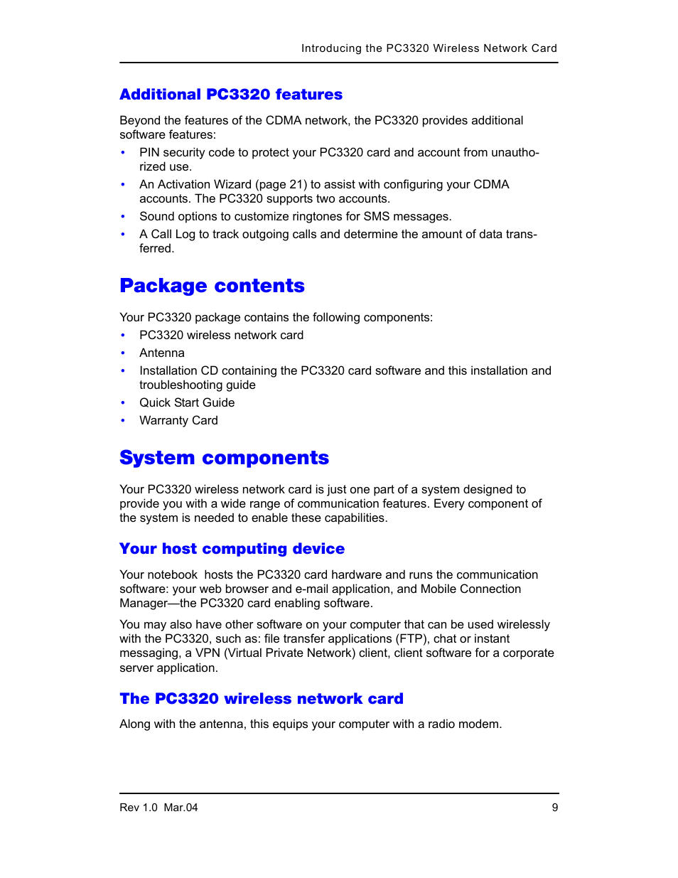 Additional pc3320 features, Package contents, System components | Your host computing device, The pc3320 wireless network card | Sierra Wireless PC3320 User Manual | Page 11 / 40
