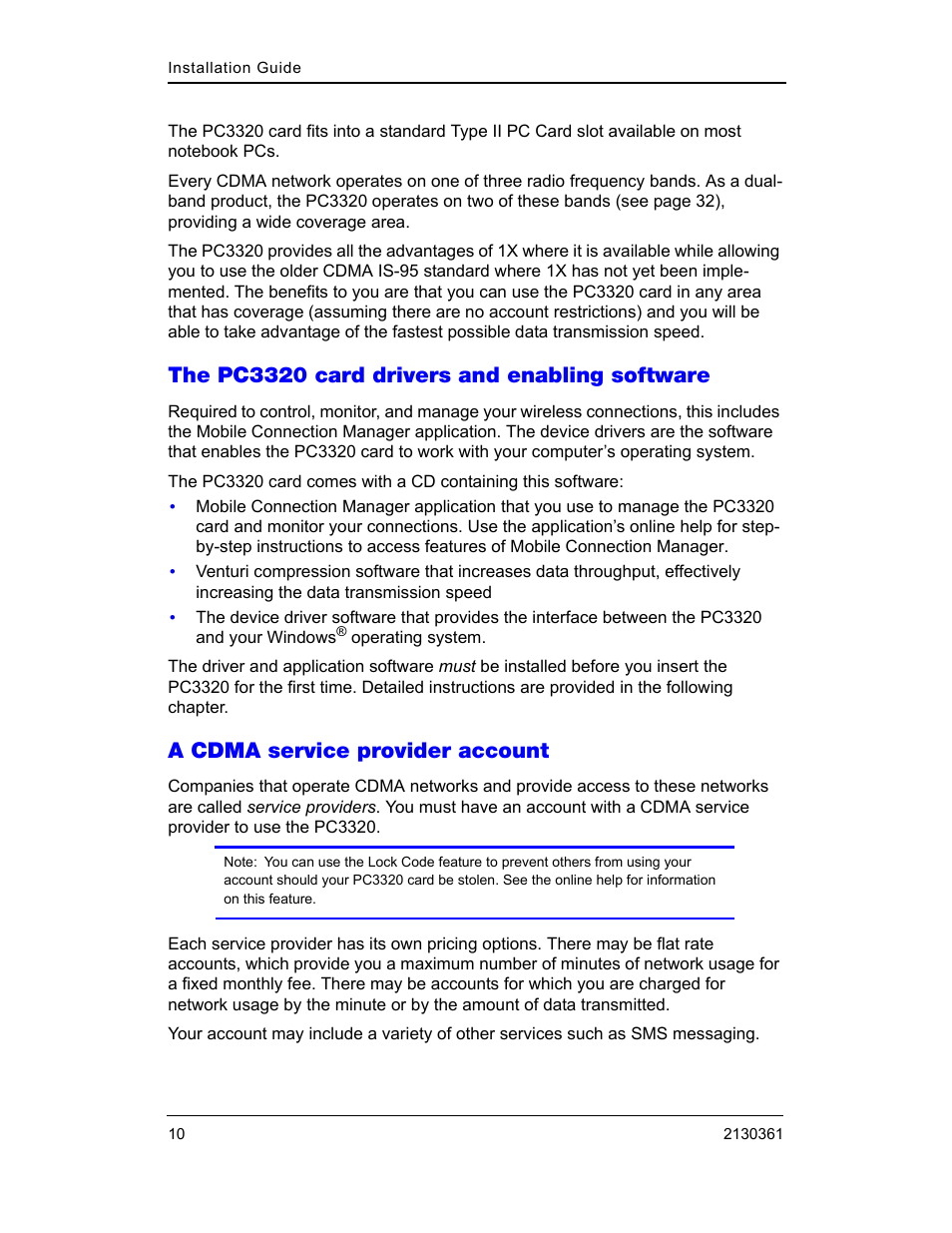 The pc3320 card drivers and enabling software, A cdma service provider account | Sierra Wireless PC3320 User Manual | Page 12 / 40