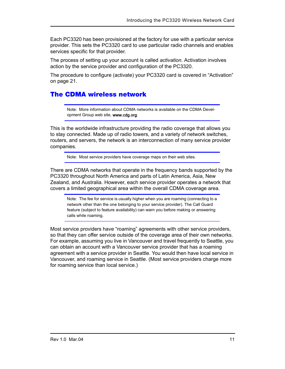 The cdma wireless network | Sierra Wireless PC3320 User Manual | Page 13 / 40