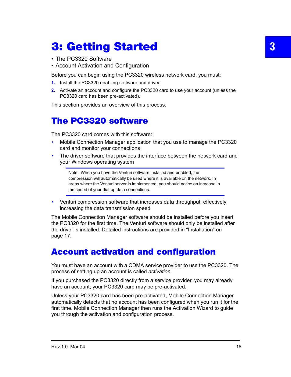 Getting started, The pc3320 software, Account activation and configuration | Sierra Wireless PC3320 User Manual | Page 17 / 40