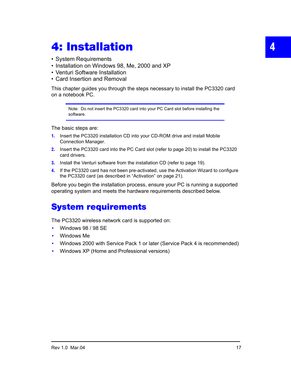 Installation, System requirements | Sierra Wireless PC3320 User Manual | Page 19 / 40