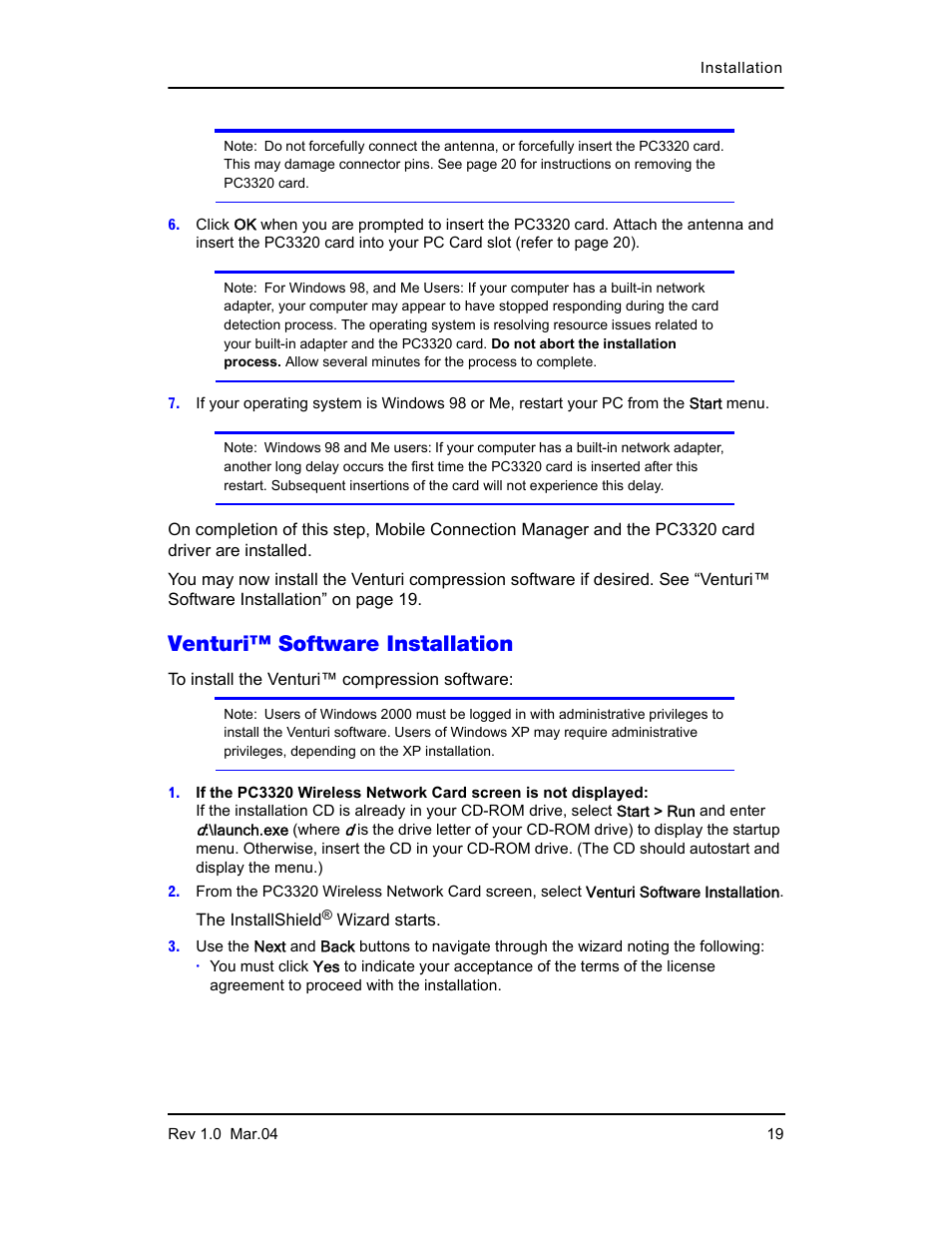 Venturi™ software installation | Sierra Wireless PC3320 User Manual | Page 21 / 40