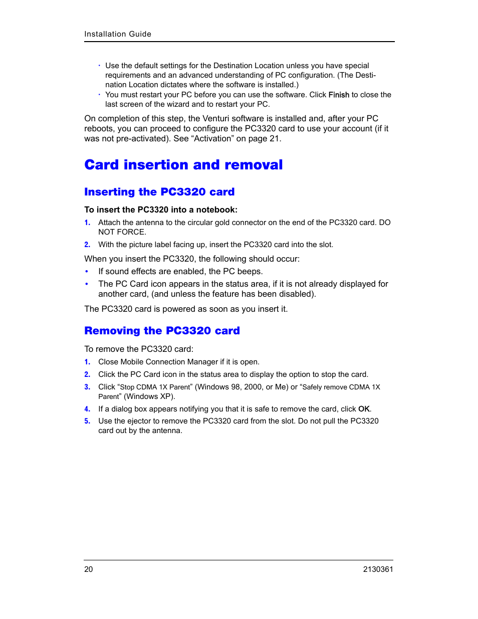 Card insertion and removal, Inserting the pc3320 card, Removing the pc3320 card | Inserting the pc3320 card removing the pc3320 card | Sierra Wireless PC3320 User Manual | Page 22 / 40
