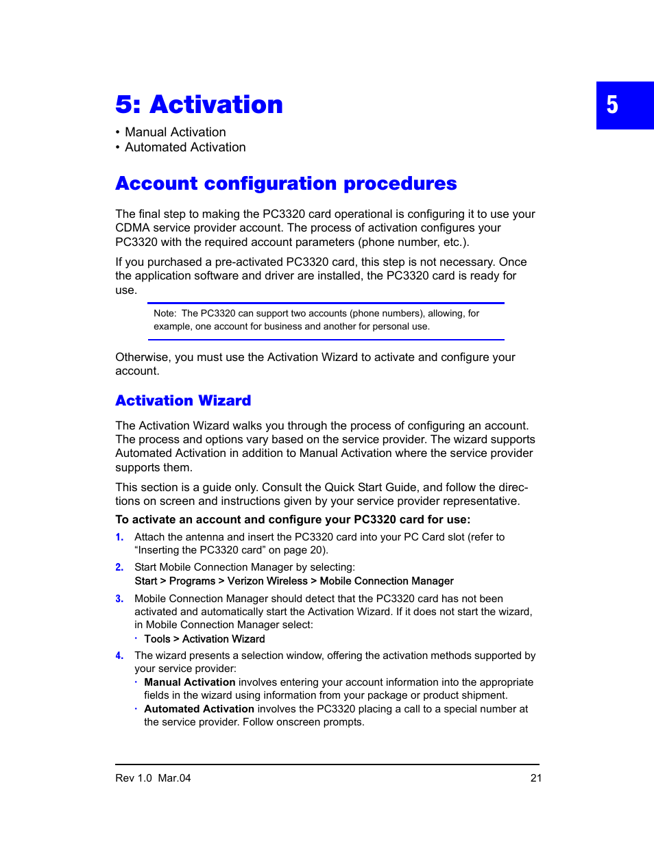 Activation, Account configuration procedures, Activation wizard | Sierra Wireless PC3320 User Manual | Page 23 / 40