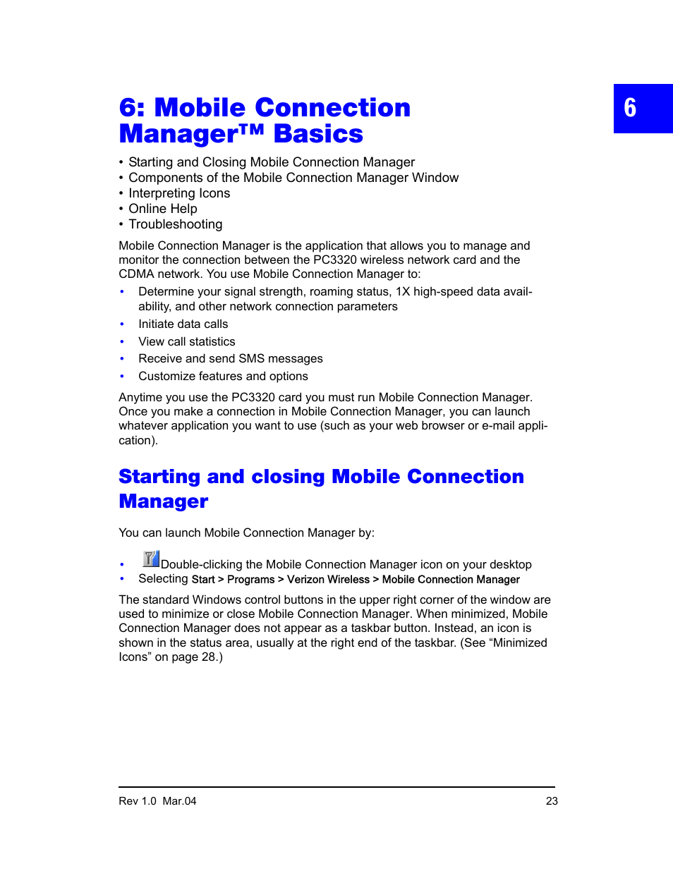 Mobile connection manager™ basics, Starting and closing mobile connection manager | Sierra Wireless PC3320 User Manual | Page 25 / 40