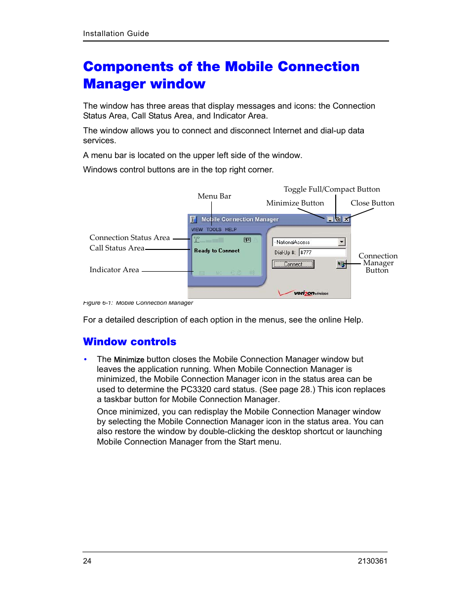 Components of the mobile connection manager window, Window controls | Sierra Wireless PC3320 User Manual | Page 26 / 40