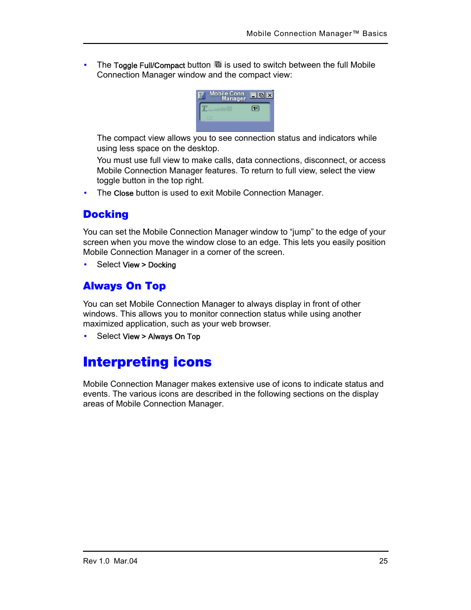 Docking, Always on top, Interpreting icons | Docking always on top | Sierra Wireless PC3320 User Manual | Page 27 / 40