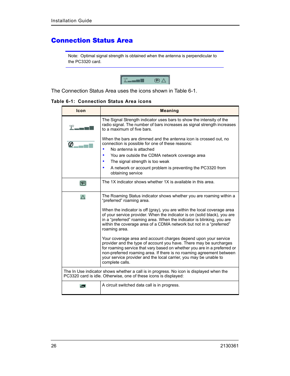 Connection status area | Sierra Wireless PC3320 User Manual | Page 28 / 40