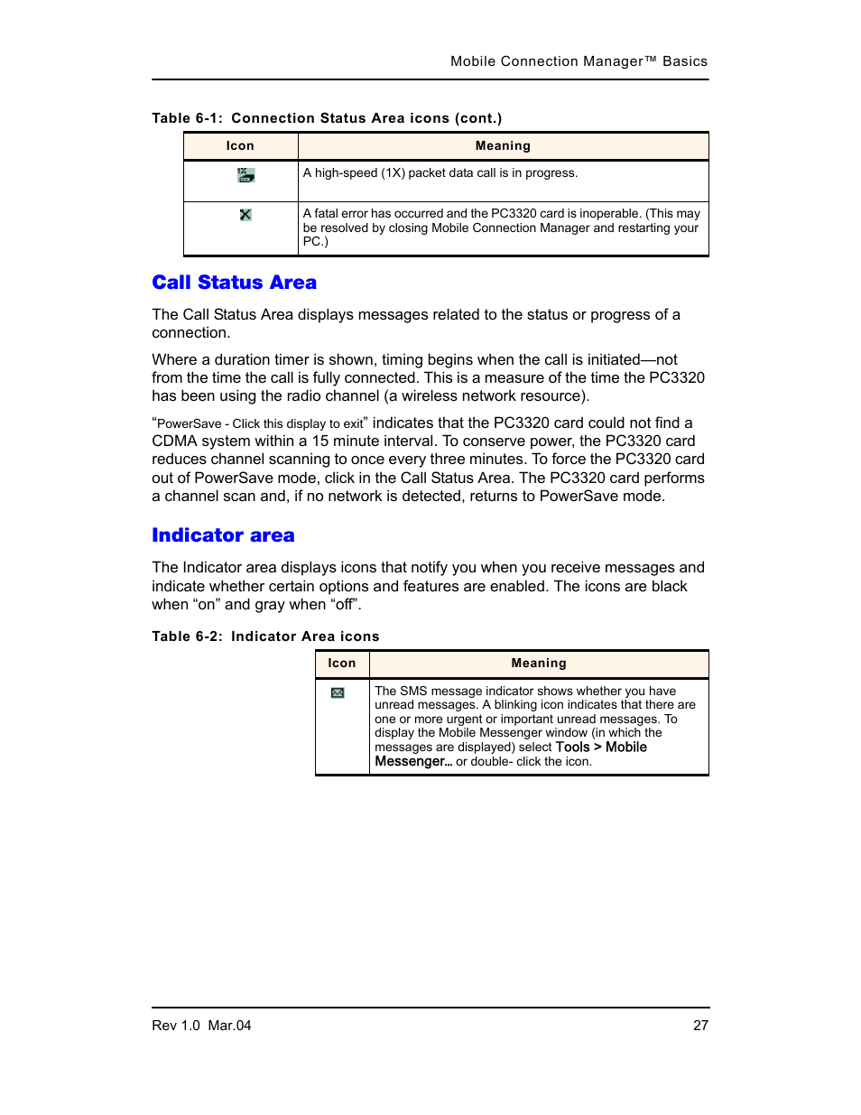 Call status area, Indicator area, Call status area indicator area | Sierra Wireless PC3320 User Manual | Page 29 / 40