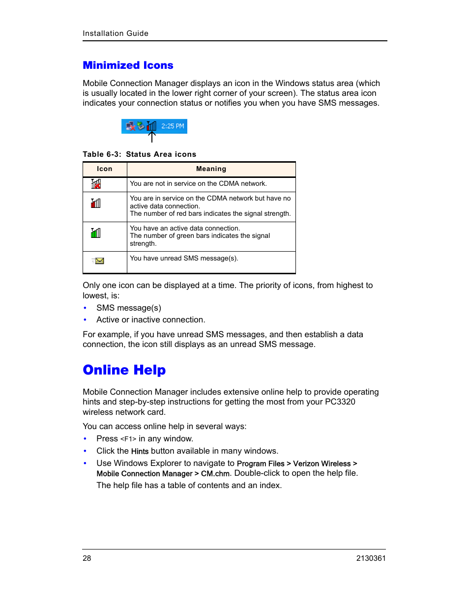Minimized icons, Online help | Sierra Wireless PC3320 User Manual | Page 30 / 40