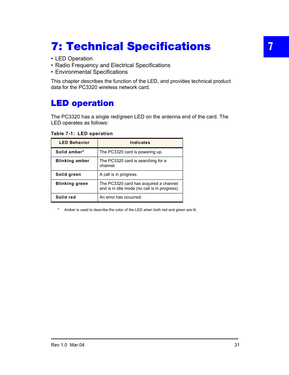 Technical specifications, Led operation | Sierra Wireless PC3320 User Manual | Page 33 / 40