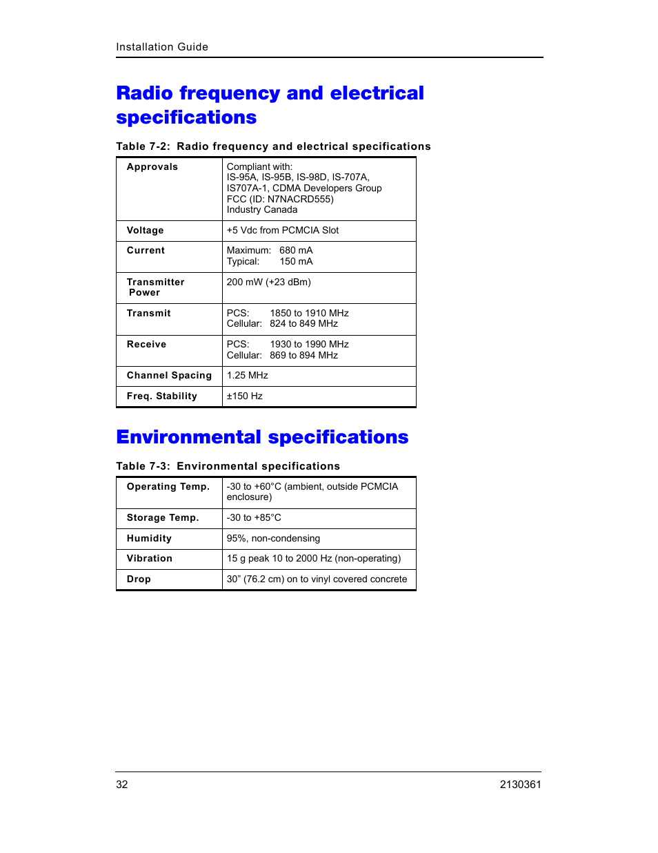 Radio frequency and electrical specifications, Environmental specifications | Sierra Wireless PC3320 User Manual | Page 34 / 40
