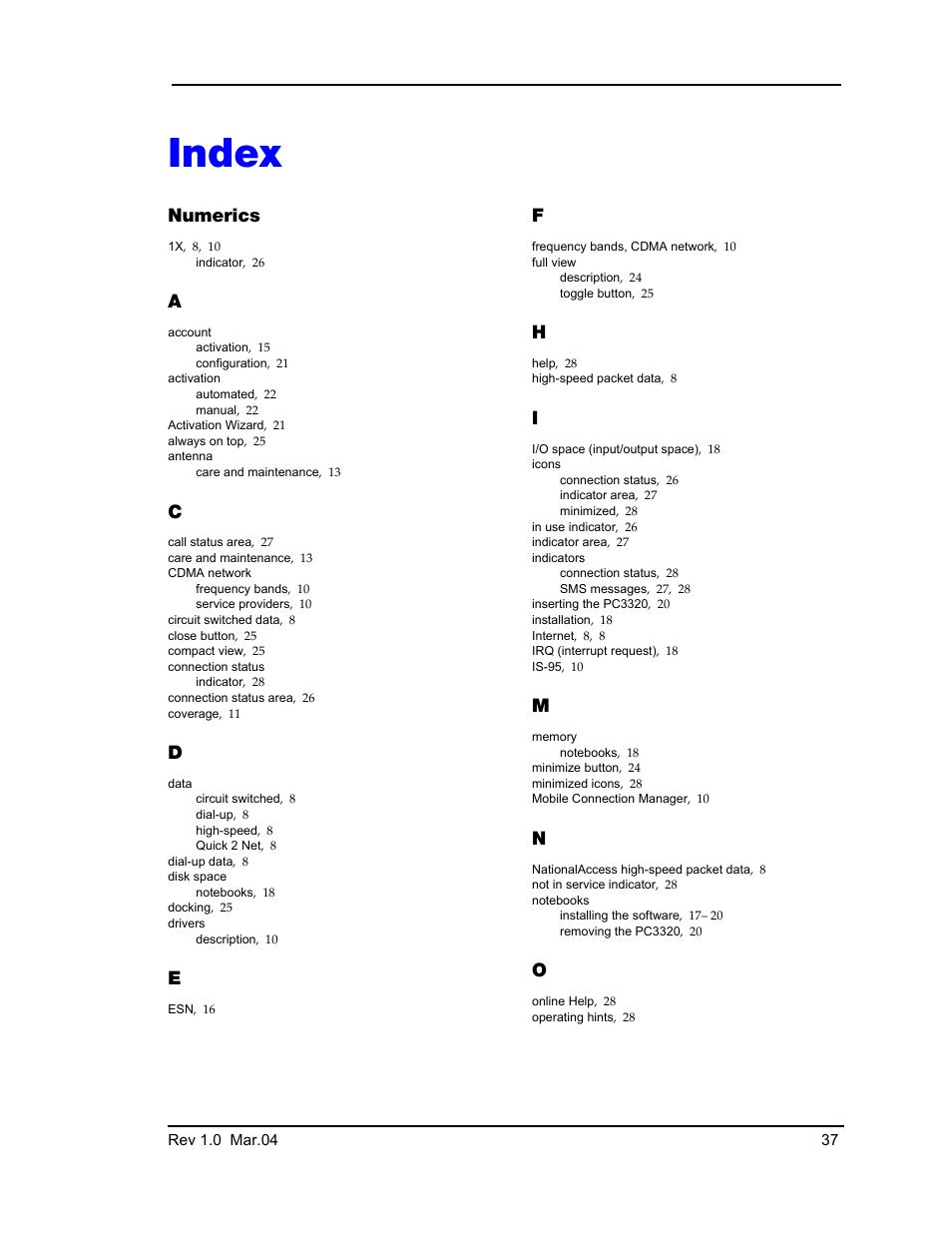 Numerics, Index | Sierra Wireless PC3320 User Manual | Page 39 / 40