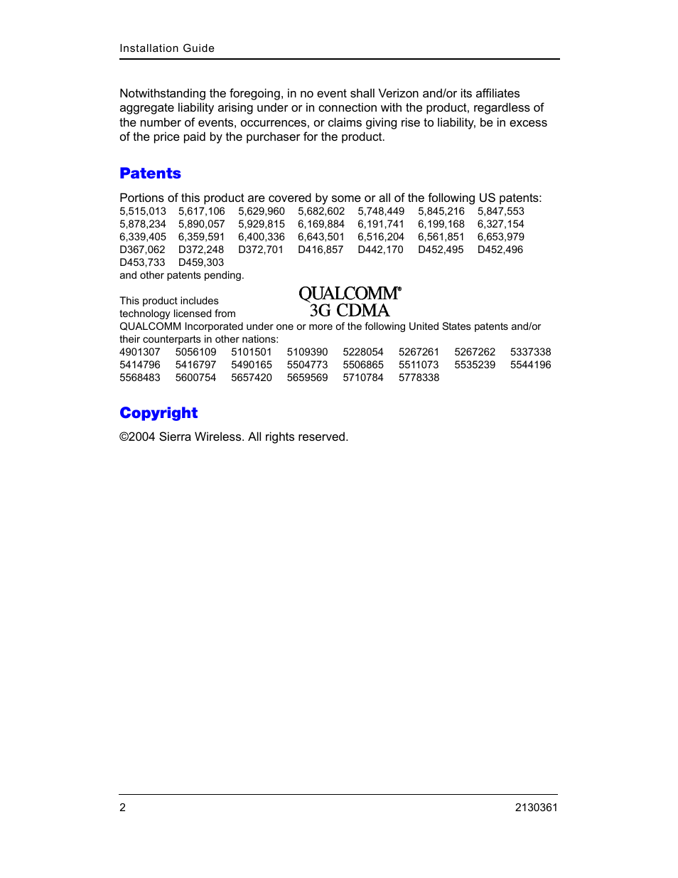 Patents, Copyright | Sierra Wireless PC3320 User Manual | Page 4 / 40