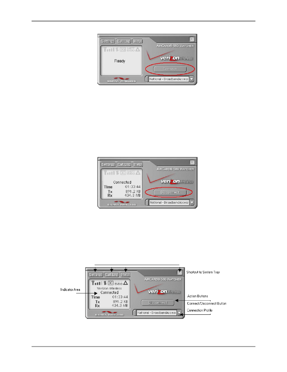 Components of the watcher window, Disconnect | Sierra Wireless 580 User Manual | Page 19 / 41