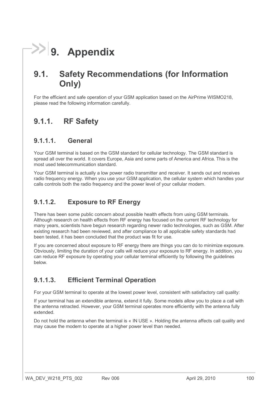 Appendix, Safety recommendations (for information only), Rf safety | General, Exposure to rf energy, Efficient terminal operation | Sierra Wireless AIRPRIME WISMO218 User Manual | Page 100 / 103