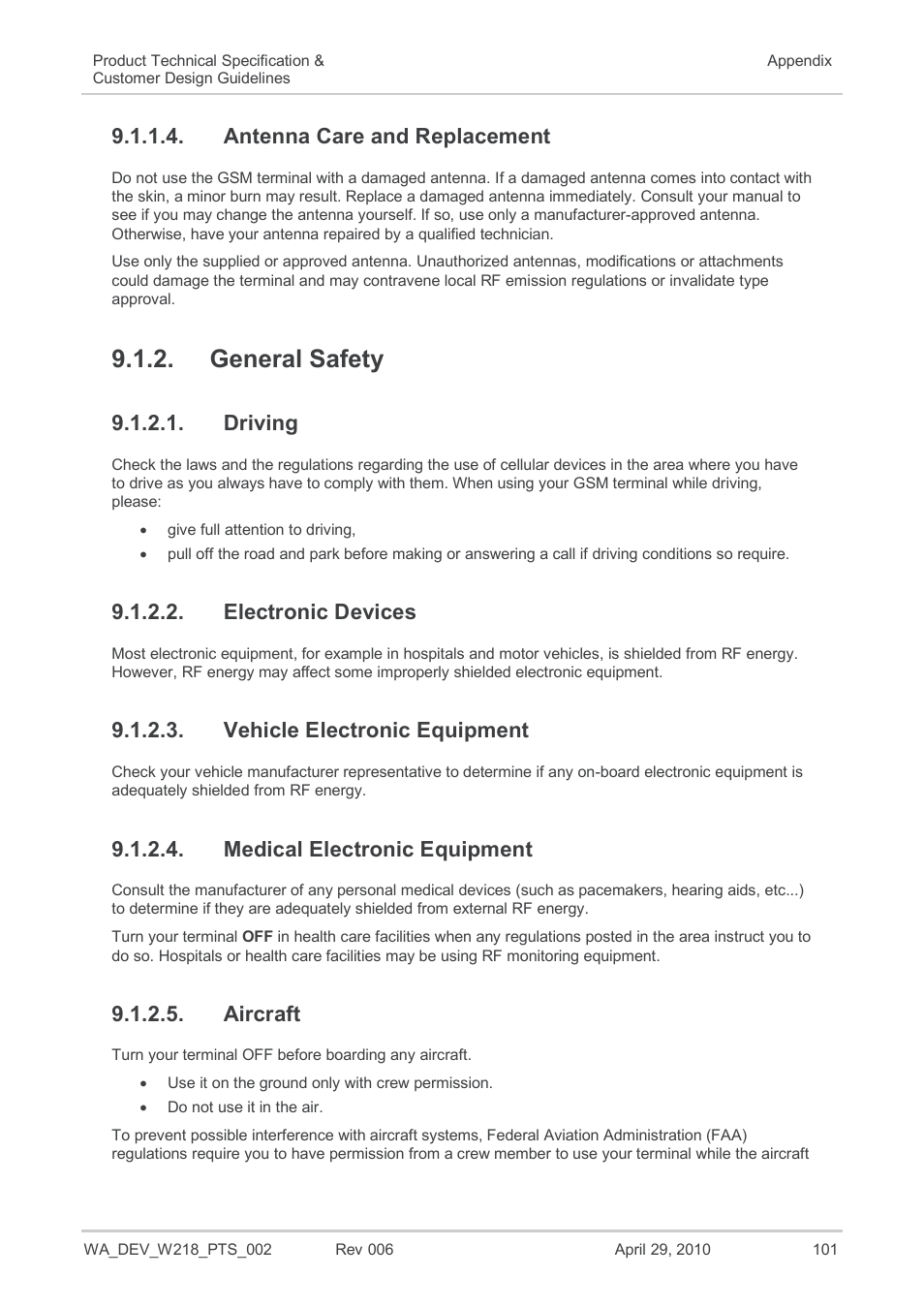 Antenna care and replacement, General safety, Driving | Electronic devices, Vehicle electronic equipment, Medical electronic equipment, Aircraft | Sierra Wireless AIRPRIME WISMO218 User Manual | Page 101 / 103