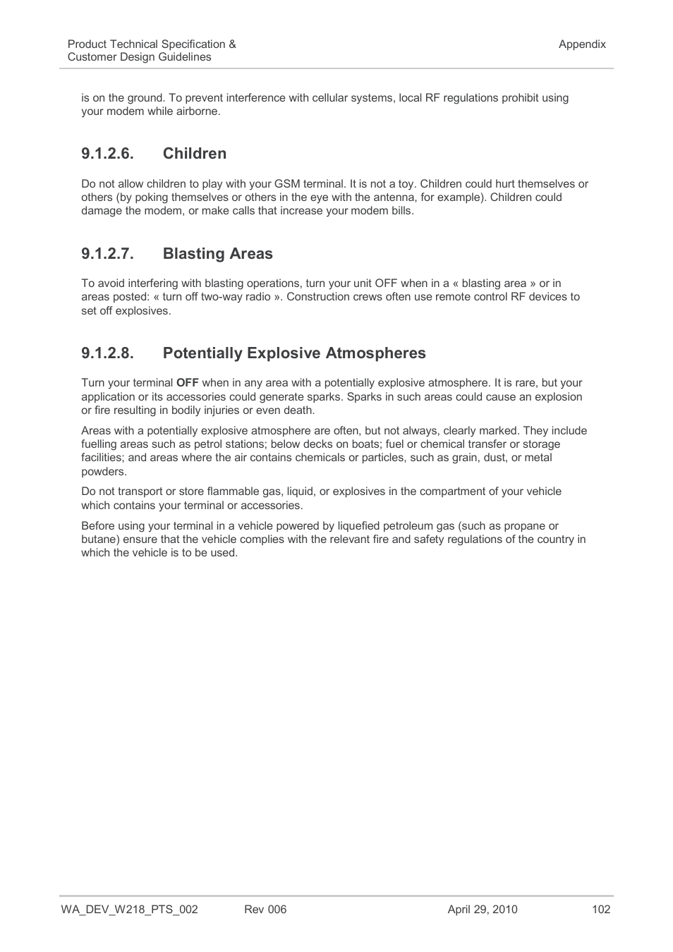 Children, Blasting areas, Potentially explosive atmospheres | Sierra Wireless AIRPRIME WISMO218 User Manual | Page 102 / 103