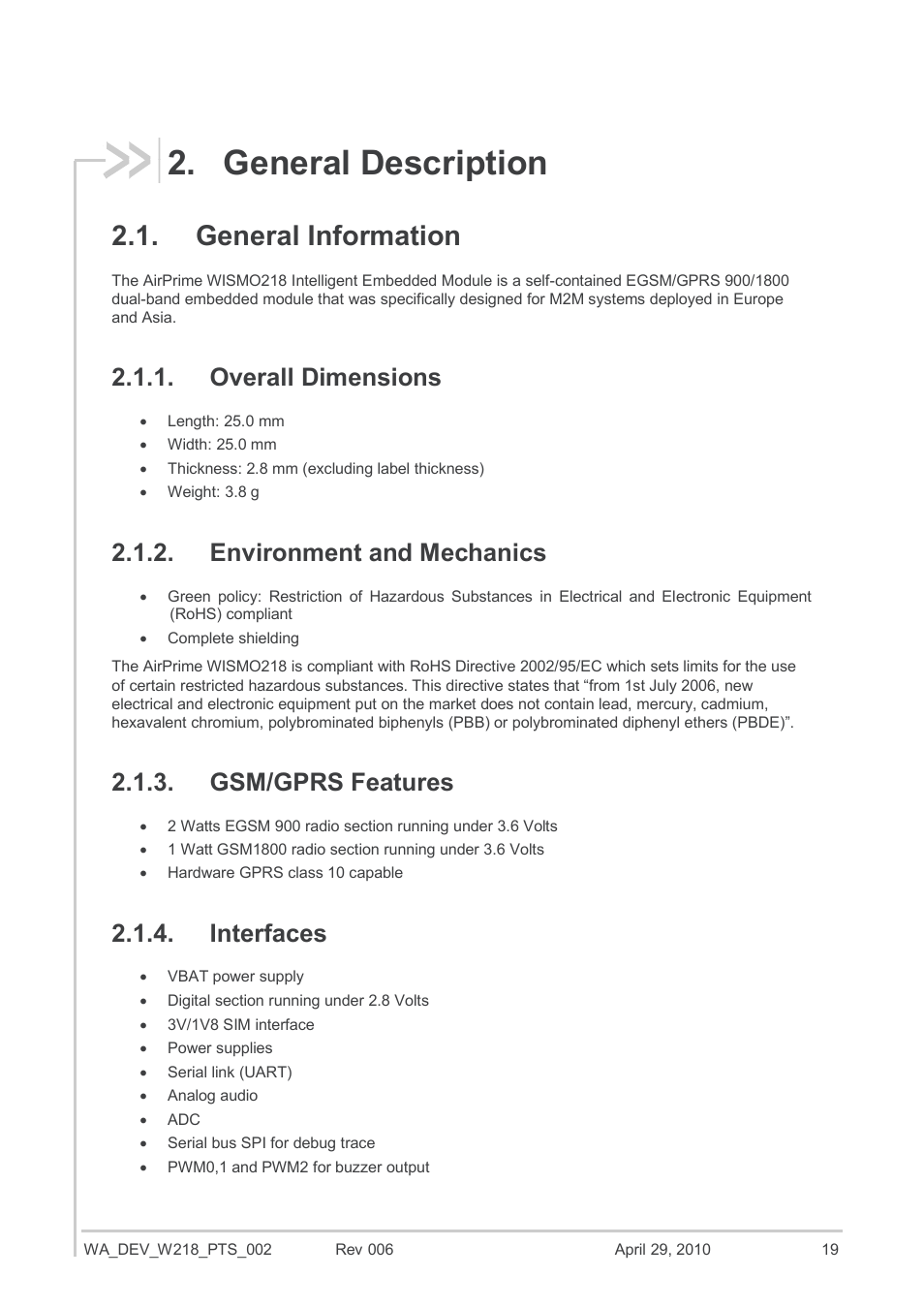 General description, General information, Overall dimensions | Environment and mechanics, Gsm/gprs features, Interfaces | Sierra Wireless AIRPRIME WISMO218 User Manual | Page 19 / 103