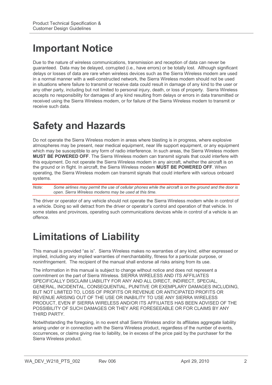 Important notice, Safety and hazards, Limitations of liability | Sierra Wireless AIRPRIME WISMO218 User Manual | Page 2 / 103