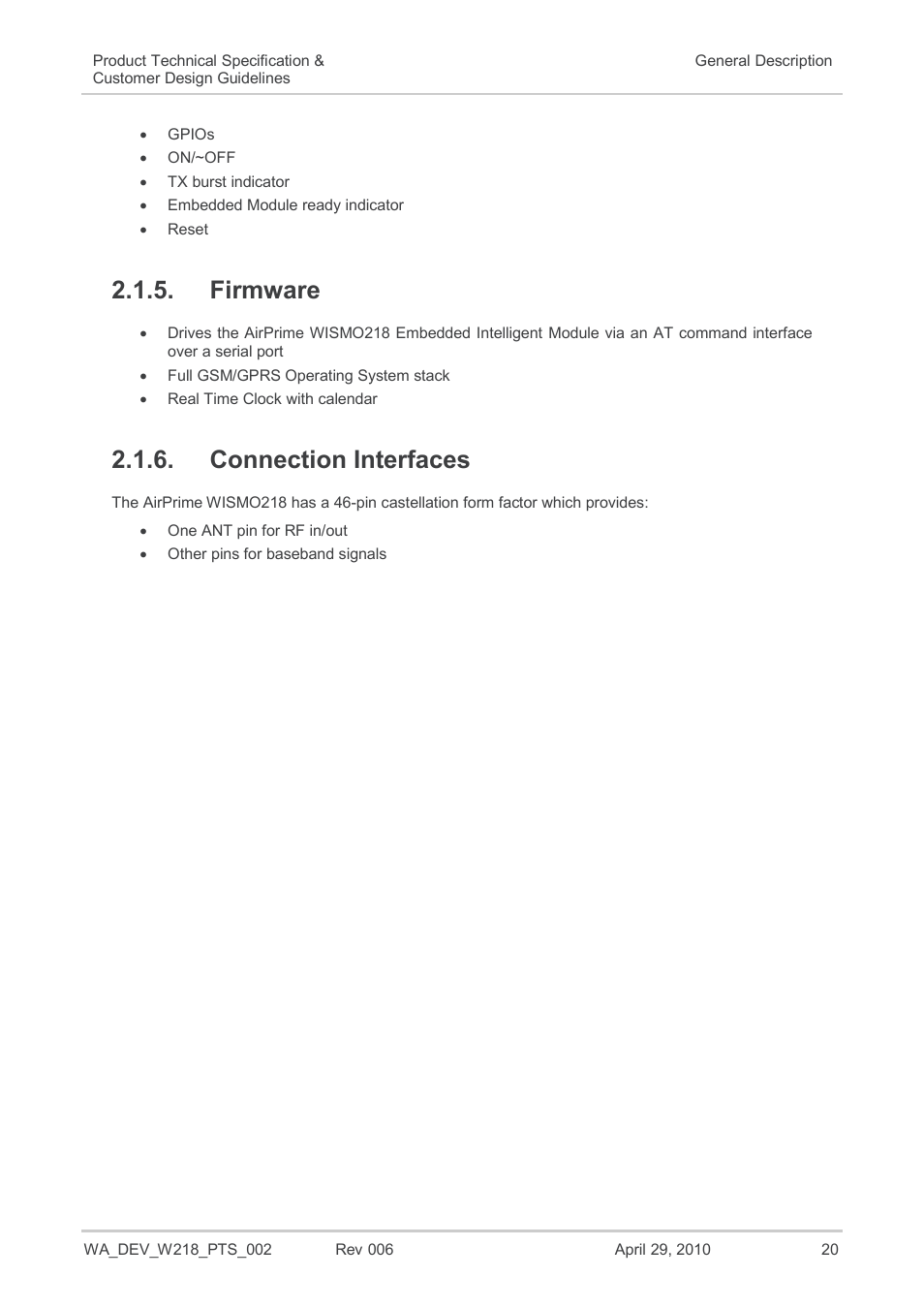 Firmware, Connection interfaces | Sierra Wireless AIRPRIME WISMO218 User Manual | Page 20 / 103