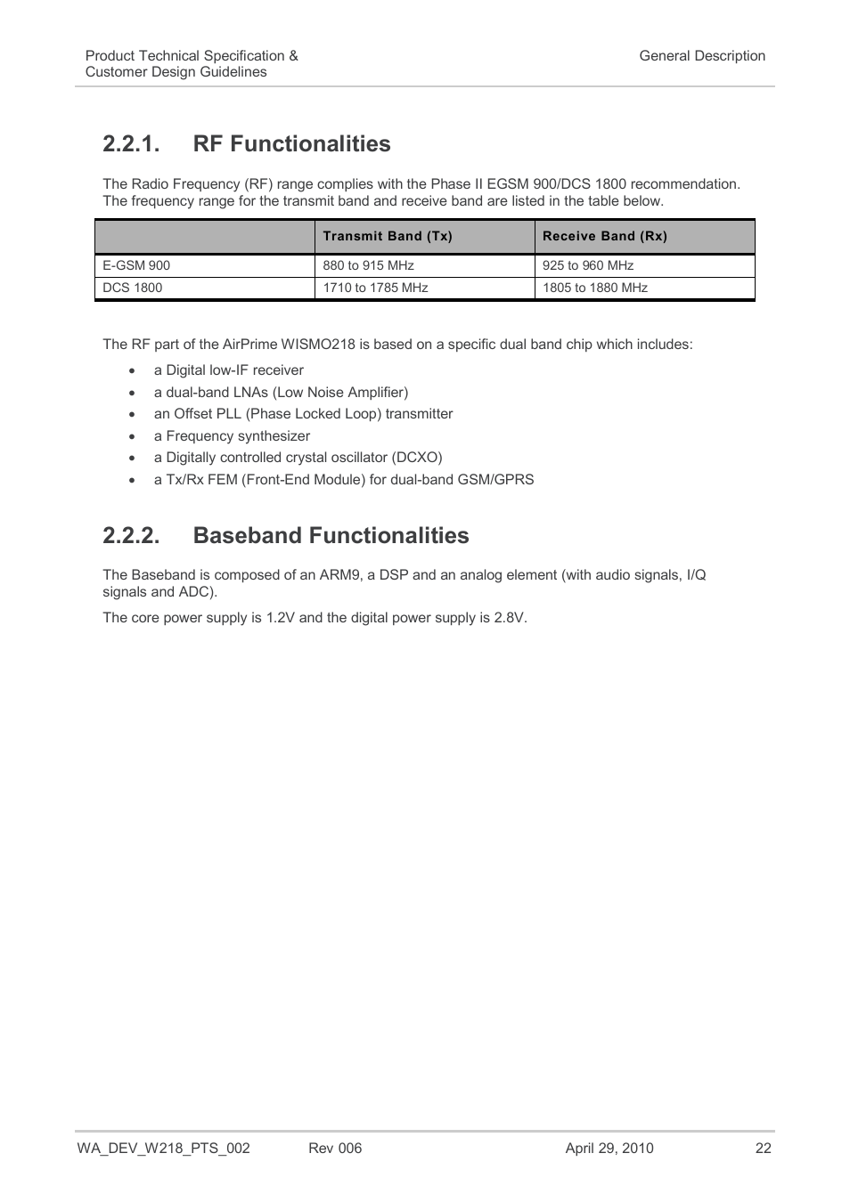 Rf functionalities, Baseband functionalities | Sierra Wireless AIRPRIME WISMO218 User Manual | Page 22 / 103