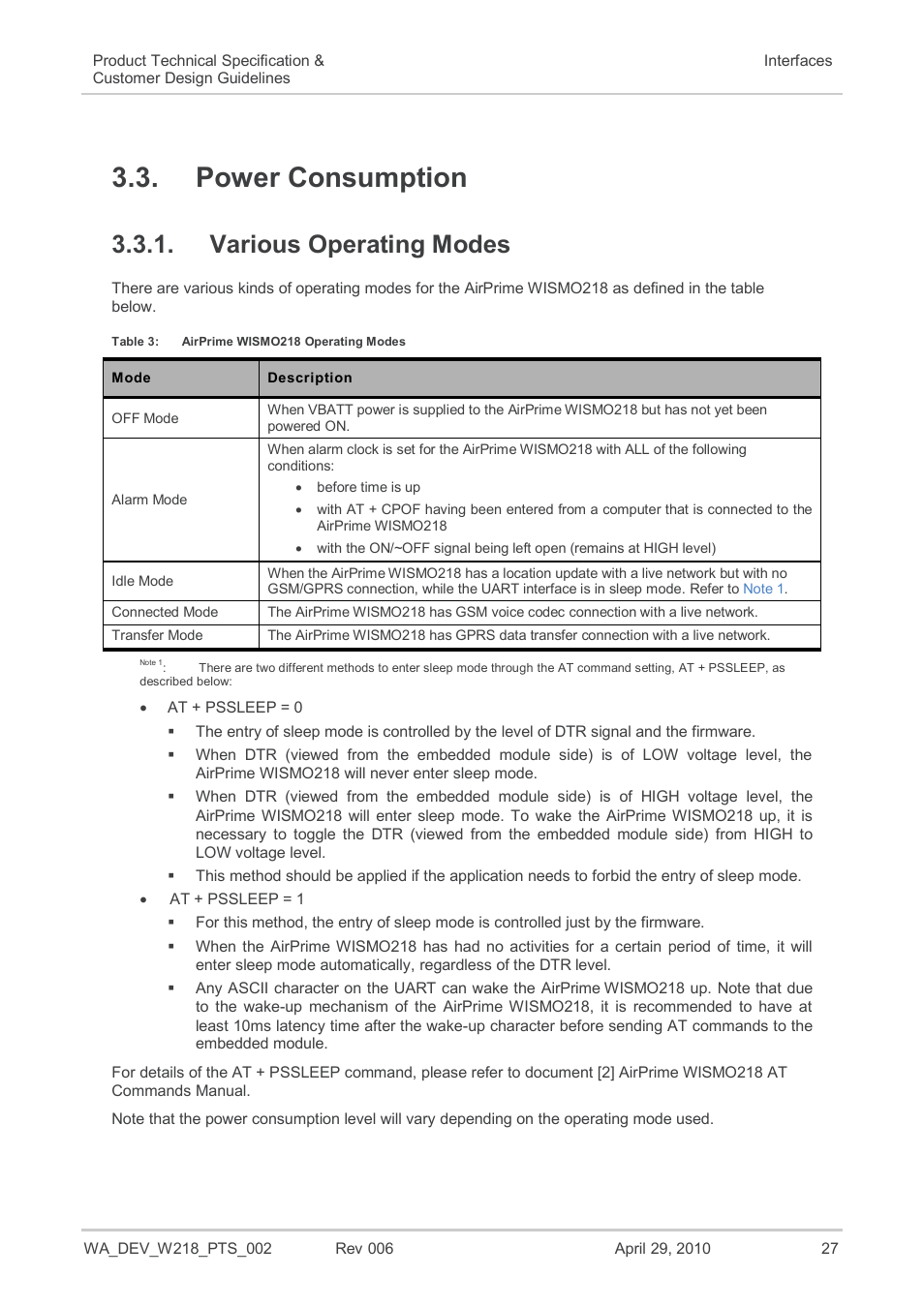 Power consumption, Various operating modes, At+pssleep=1 | Table 3, Airprime wismo218 operating modes | Sierra Wireless AIRPRIME WISMO218 User Manual | Page 27 / 103