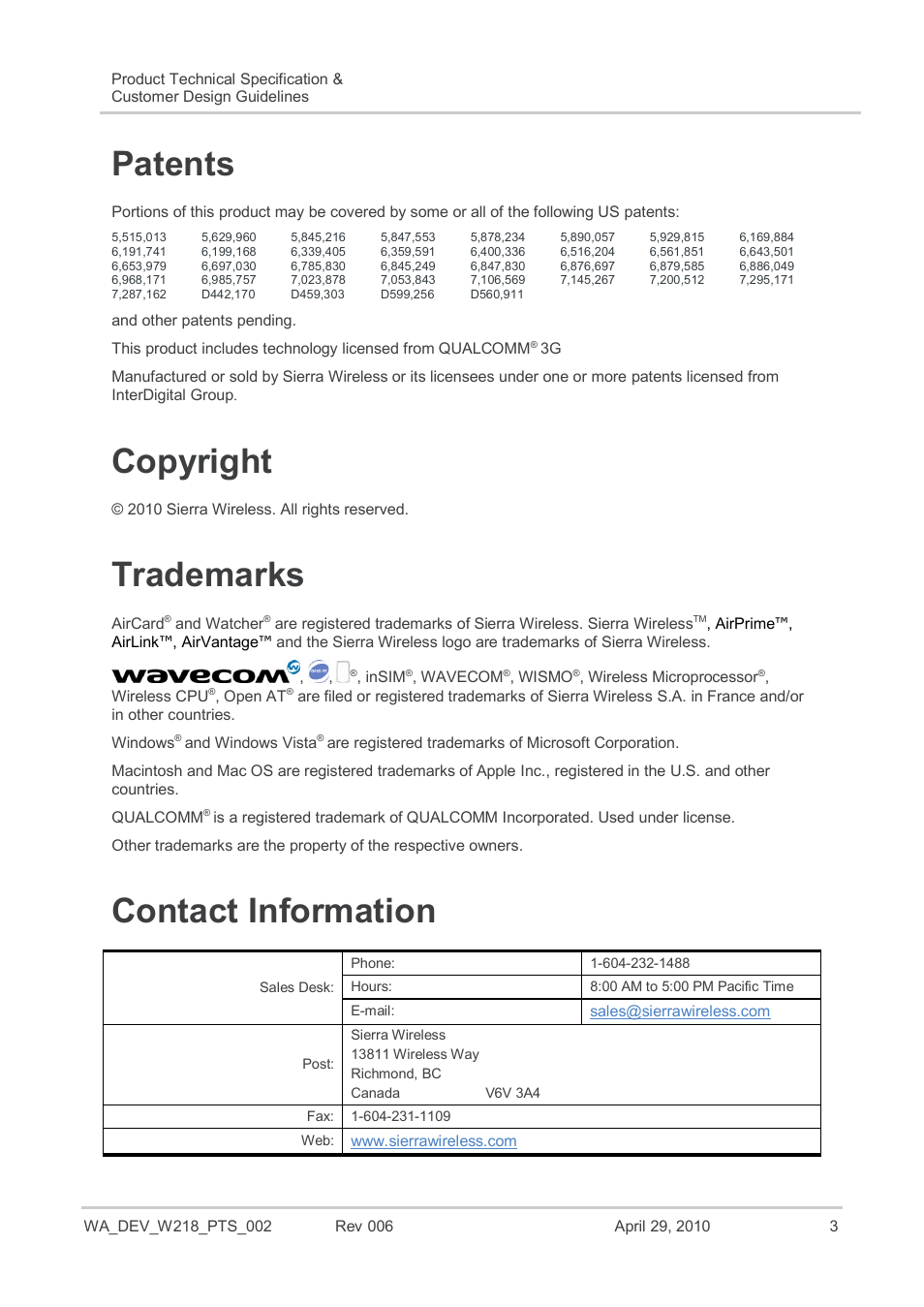 Patents, Copyright, Trademarks | Contact information | Sierra Wireless AIRPRIME WISMO218 User Manual | Page 3 / 103