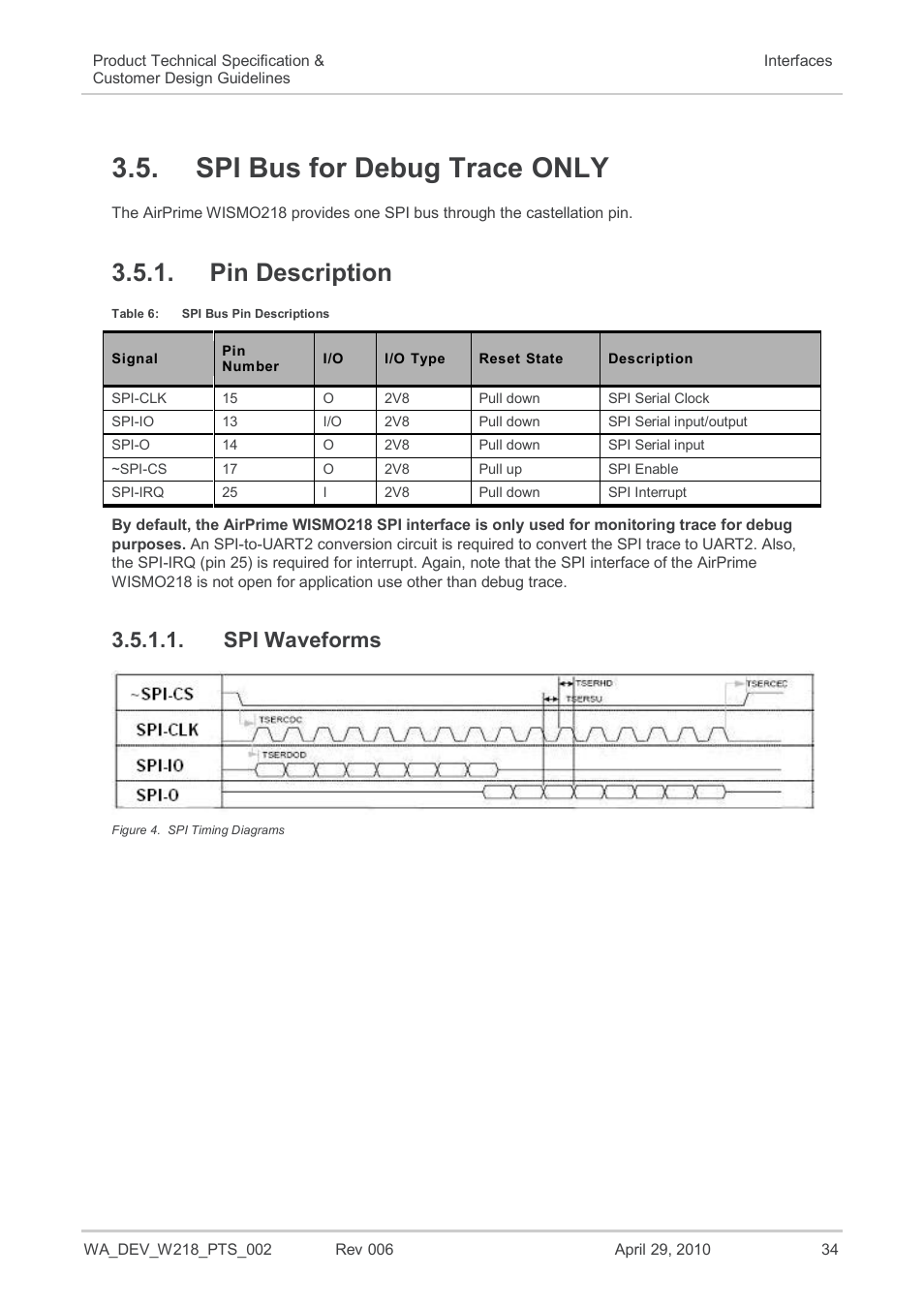 Spi bus for debug trace only, Pin description, Spi waveforms | Figure 4, Spi timing diagrams, Table 6, Spi bus pin descriptions | Sierra Wireless AIRPRIME WISMO218 User Manual | Page 34 / 103