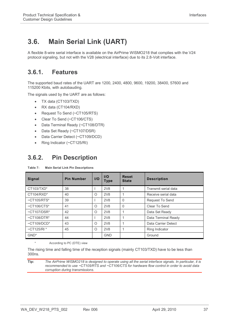 Main serial link (uart), Features, Pin description | Table 7, Main serial link pin descriptions | Sierra Wireless AIRPRIME WISMO218 User Manual | Page 37 / 103