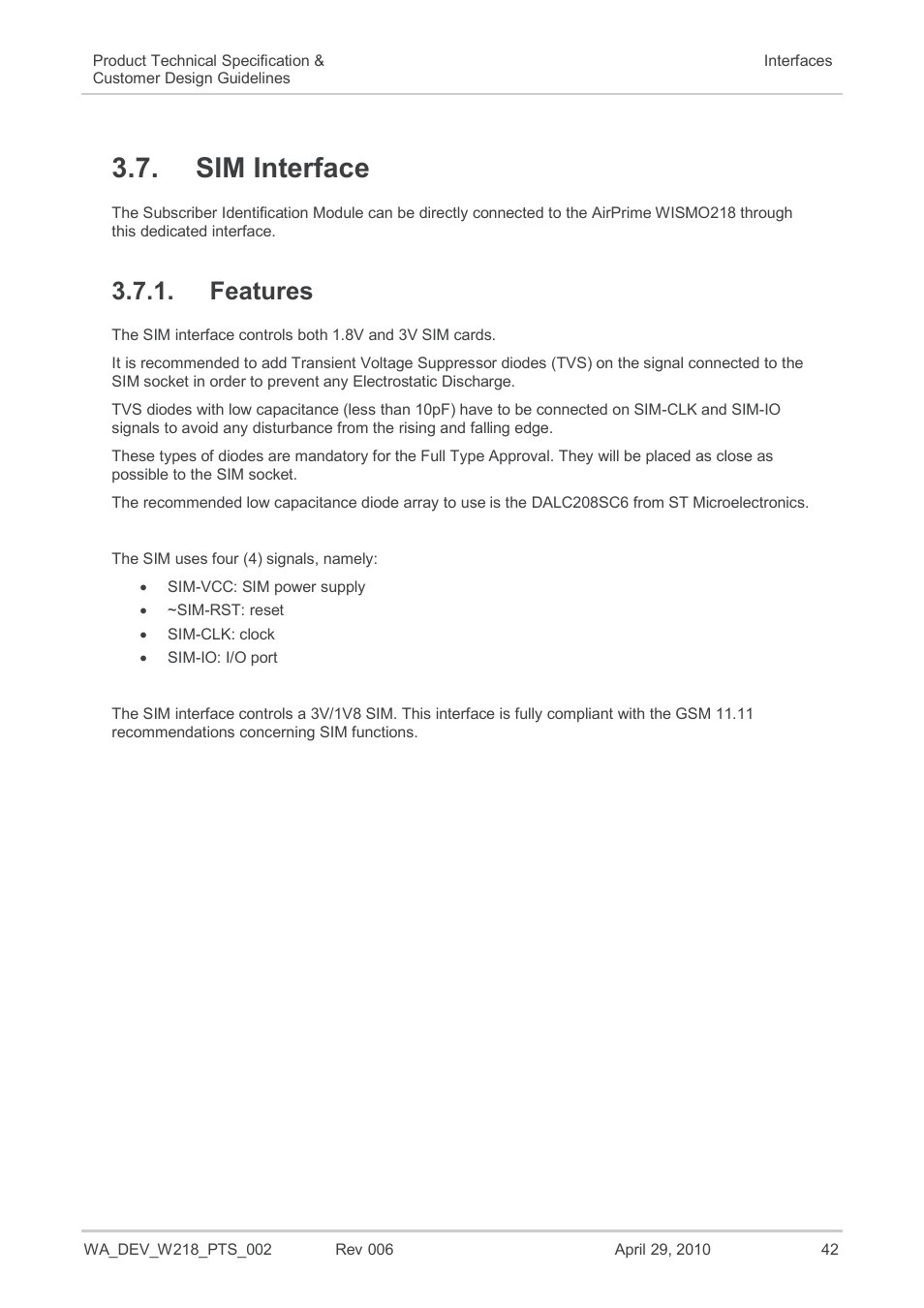 Sim interface, Features | Sierra Wireless AIRPRIME WISMO218 User Manual | Page 42 / 103