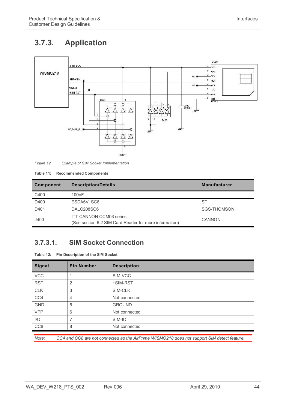 Application, Sim socket connection, Figure 12 | Example of sim socket implementation, Table 11, Recommended components, Table 12, Pin description of the sim socket | Sierra Wireless AIRPRIME WISMO218 User Manual | Page 44 / 103