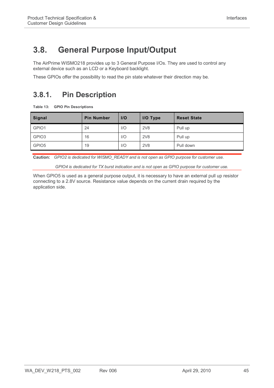 General purpose input/output, Pin description, Table 13 | Gpio pin descriptions | Sierra Wireless AIRPRIME WISMO218 User Manual | Page 45 / 103