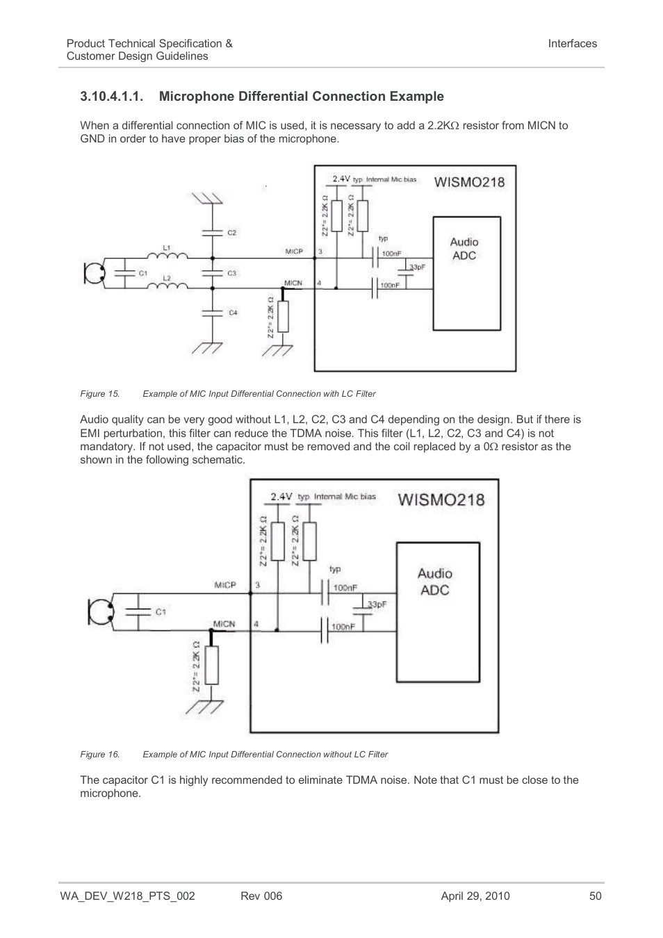 Microphone differential connection example, Figure 15, Figure 16 | Sierra Wireless AIRPRIME WISMO218 User Manual | Page 50 / 103