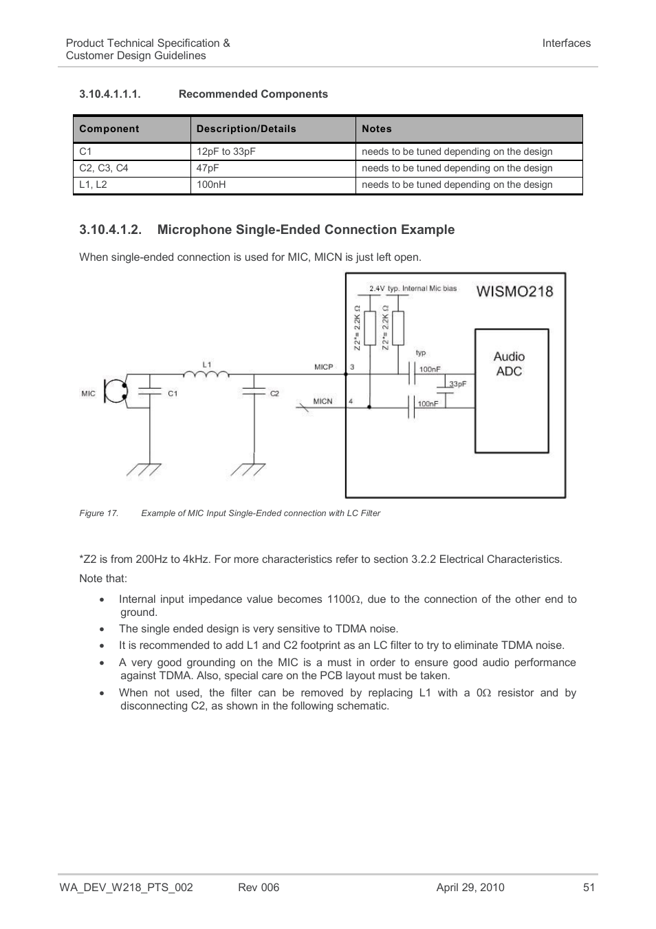 Recommended components, Microphone single-ended connection example, Figure 17 | Sierra Wireless AIRPRIME WISMO218 User Manual | Page 51 / 103