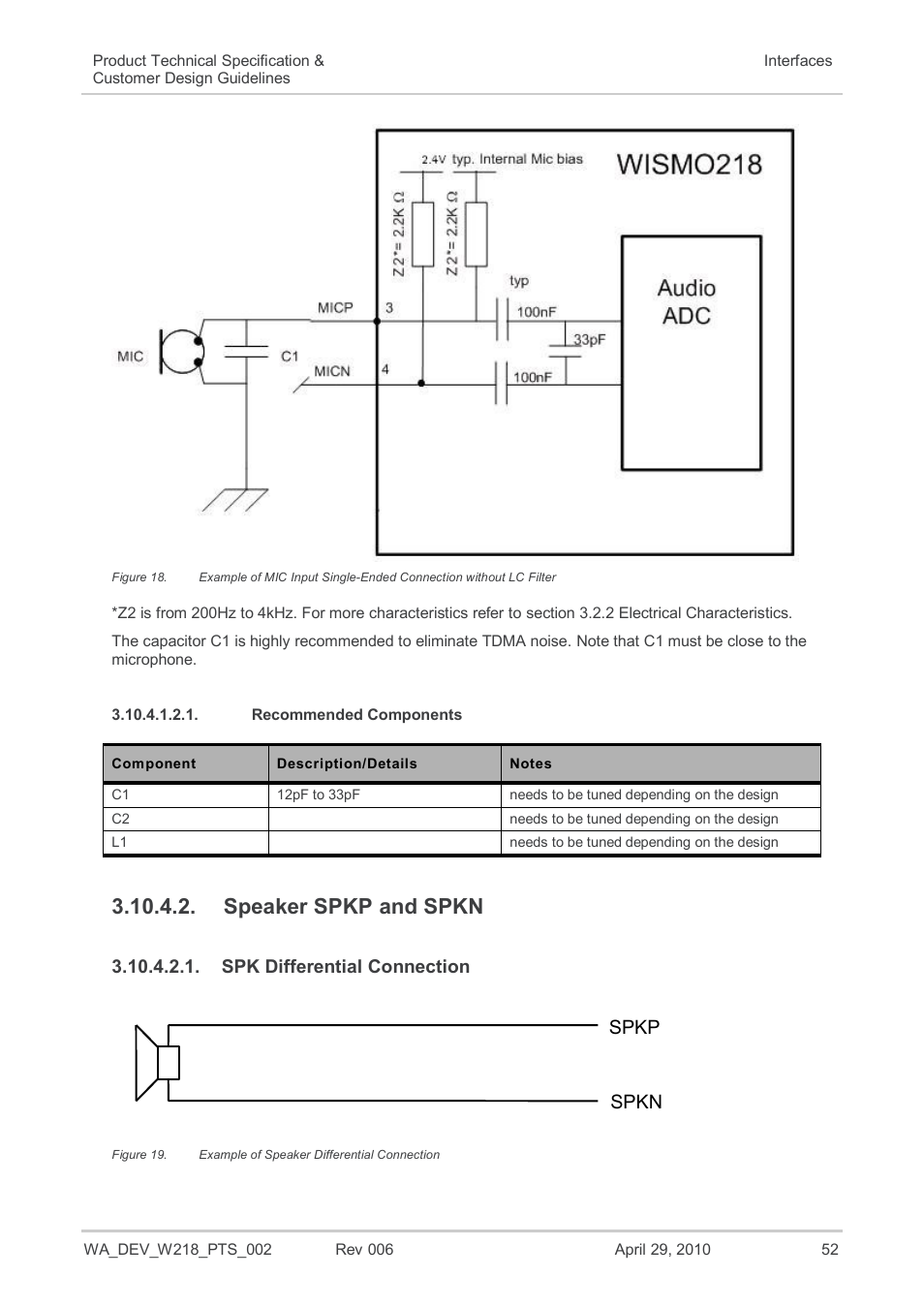 Recommended components, Speaker spkp and spkn, Spk differential connection | Figure 18, Figure 19, Example of speaker differential connection, Spkp spkn | Sierra Wireless AIRPRIME WISMO218 User Manual | Page 52 / 103