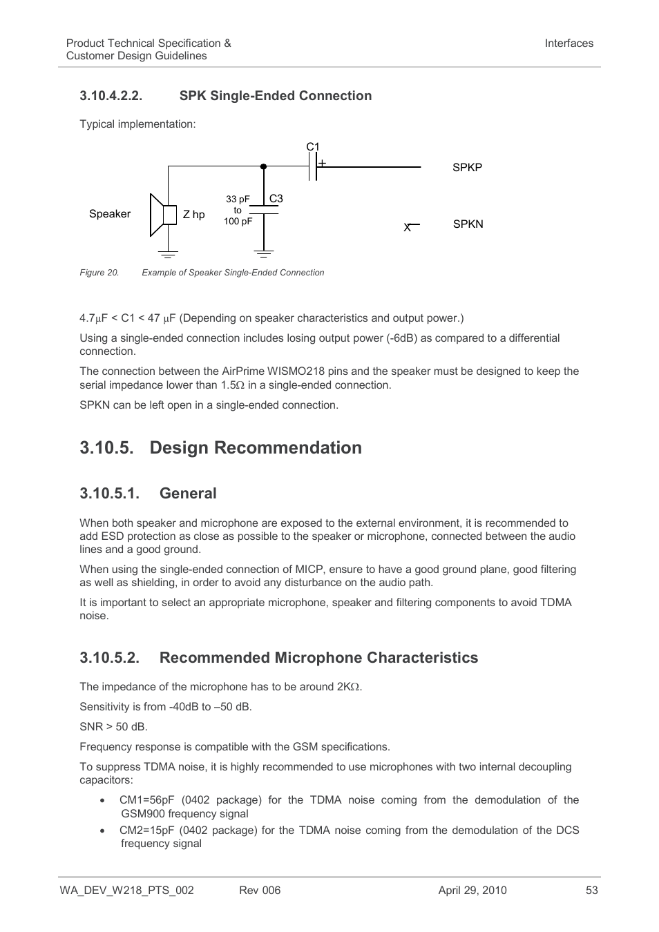 Spk single-ended connection, Design recommendation, General | Recommended microphone characteristics, Figure 20, Example of speaker single-ended connection | Sierra Wireless AIRPRIME WISMO218 User Manual | Page 53 / 103