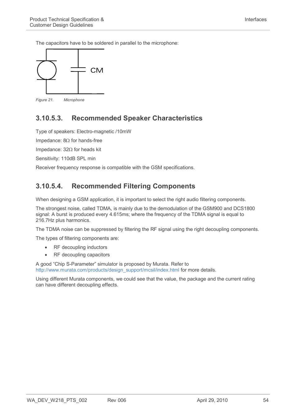 Recommended speaker characteristics, Recommended filtering components, Figure 21 | Microphone | Sierra Wireless AIRPRIME WISMO218 User Manual | Page 54 / 103