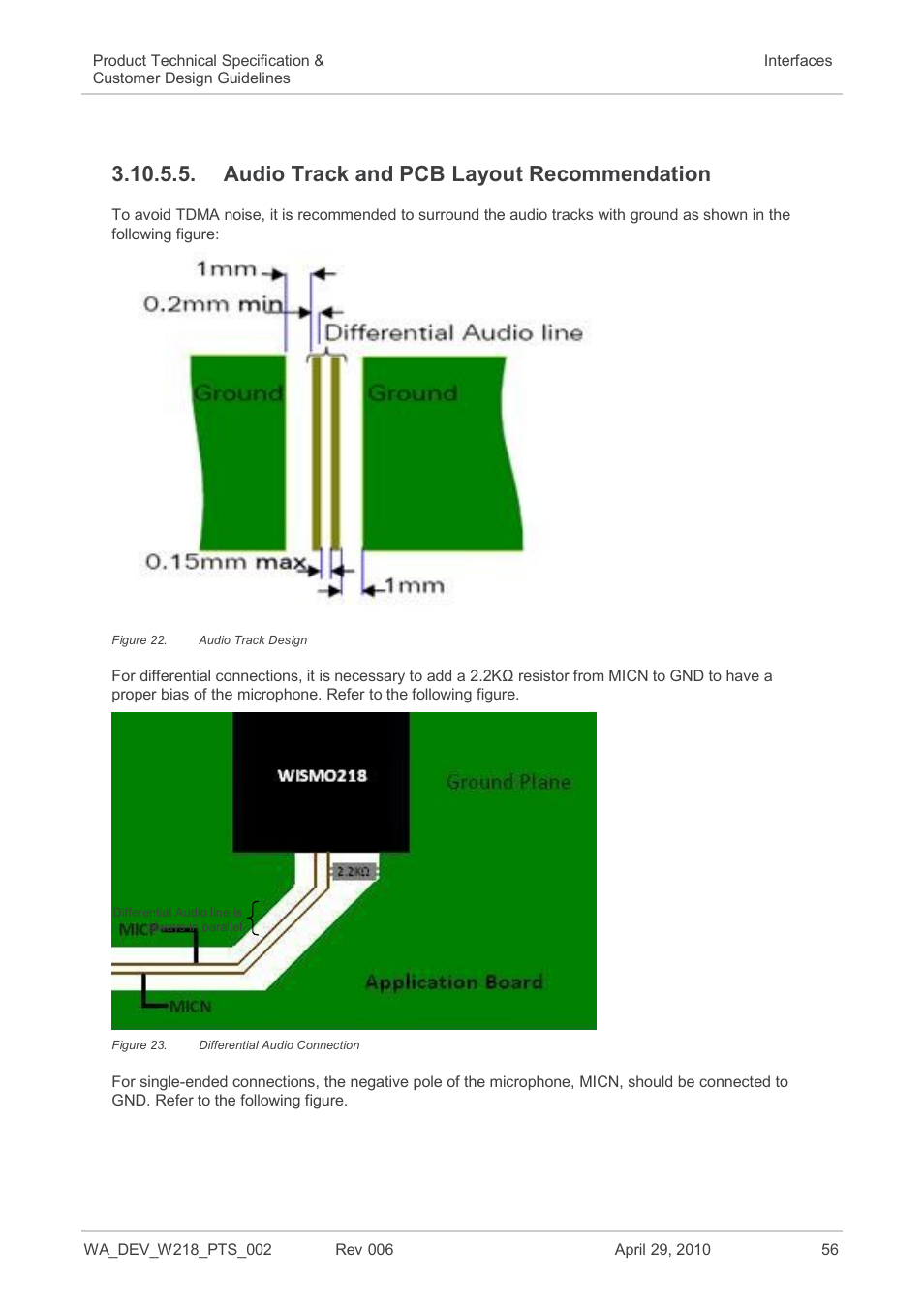 Audio track and pcb layout recommendation, Figure 22, Audio track design | Figure 23, Differential audio connection | Sierra Wireless AIRPRIME WISMO218 User Manual | Page 56 / 103