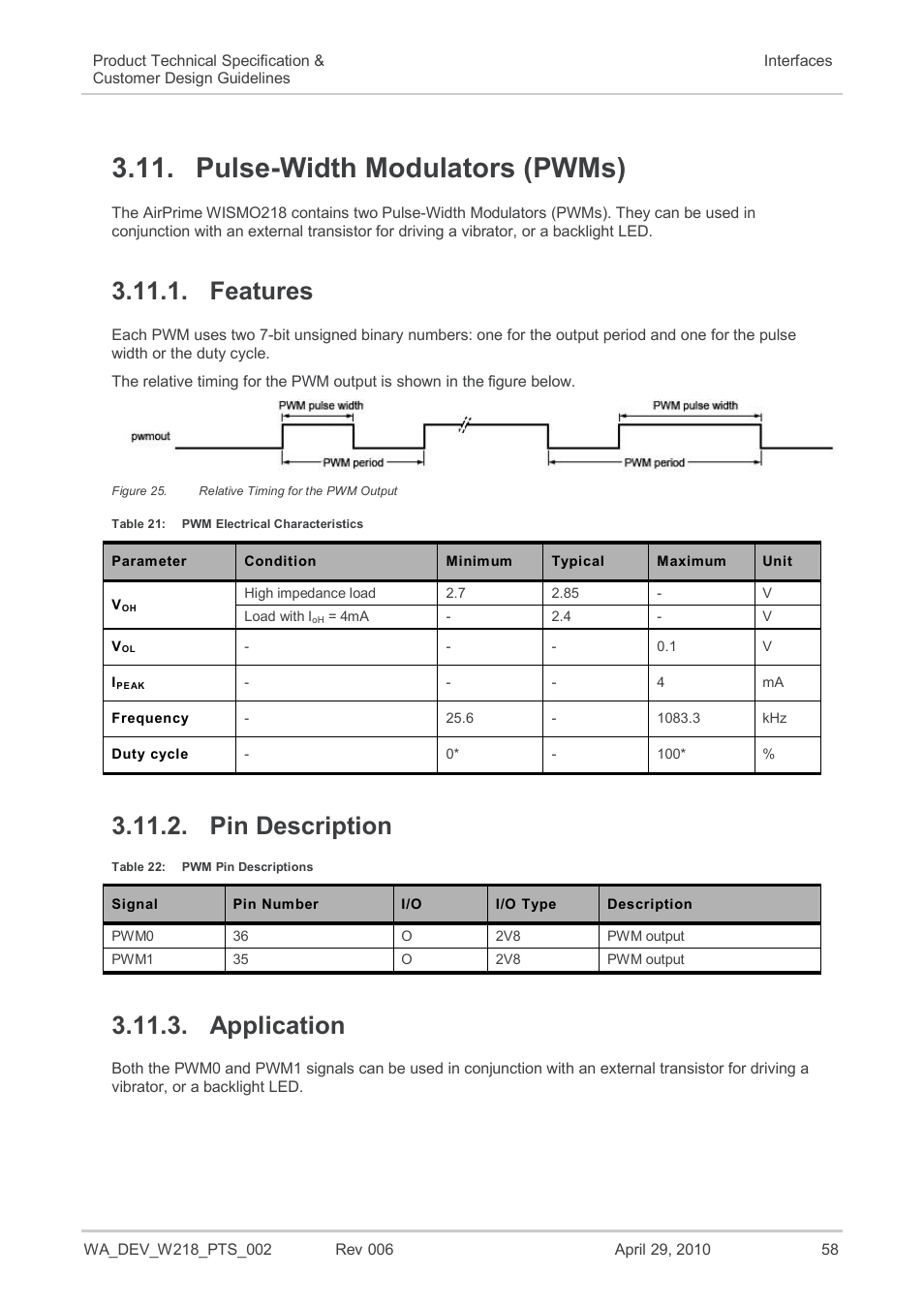 Pulse-width modulators (pwms), Features, Pin description | Application, Figure 25, Relative timing for the pwm output, Table 21, Pwm electrical characteristics, Table 22, Pwm pin descriptions | Sierra Wireless AIRPRIME WISMO218 User Manual | Page 58 / 103