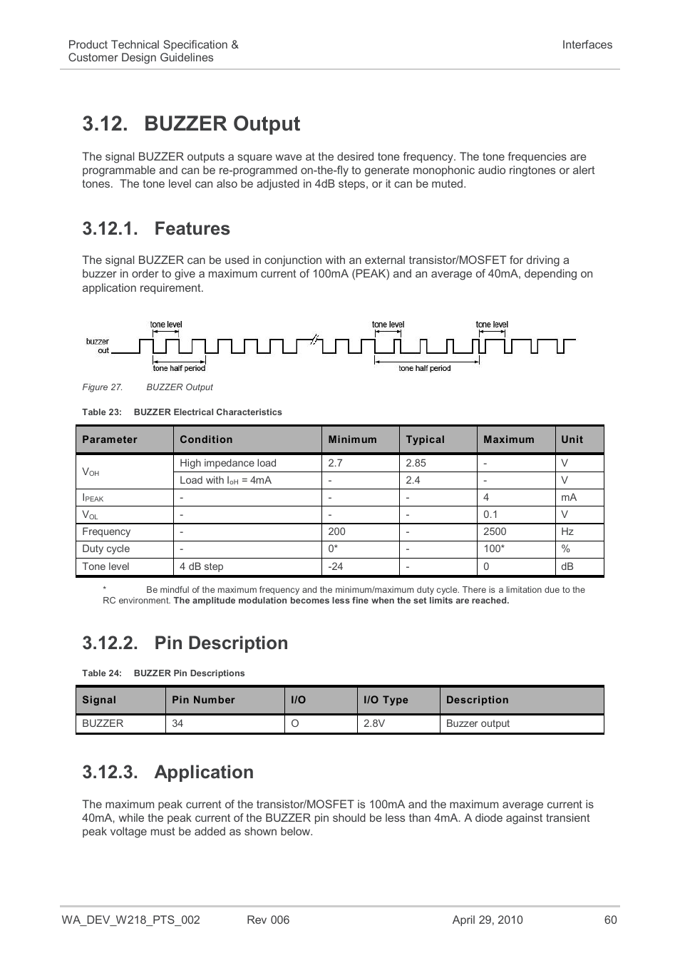 Buzzer output, Features, Pin description | Application, Figure 27, Table 23, Buzzer electrical characteristics, Table 24, Buzzer pin descriptions | Sierra Wireless AIRPRIME WISMO218 User Manual | Page 60 / 103