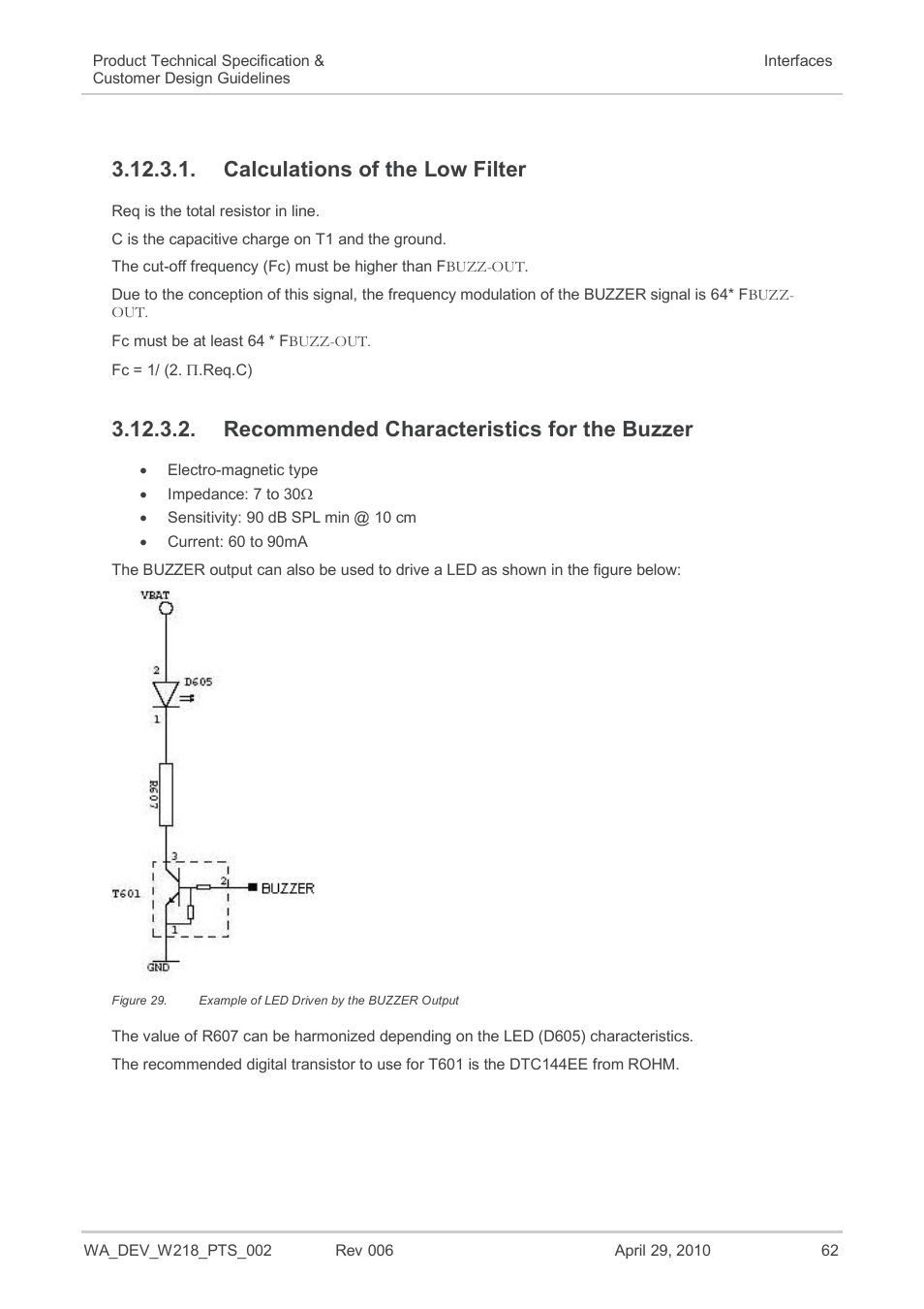 Calculations of the low filter, Recommended characteristics for the buzzer, Figure 29 | Example of led driven by the buzzer output | Sierra Wireless AIRPRIME WISMO218 User Manual | Page 62 / 103