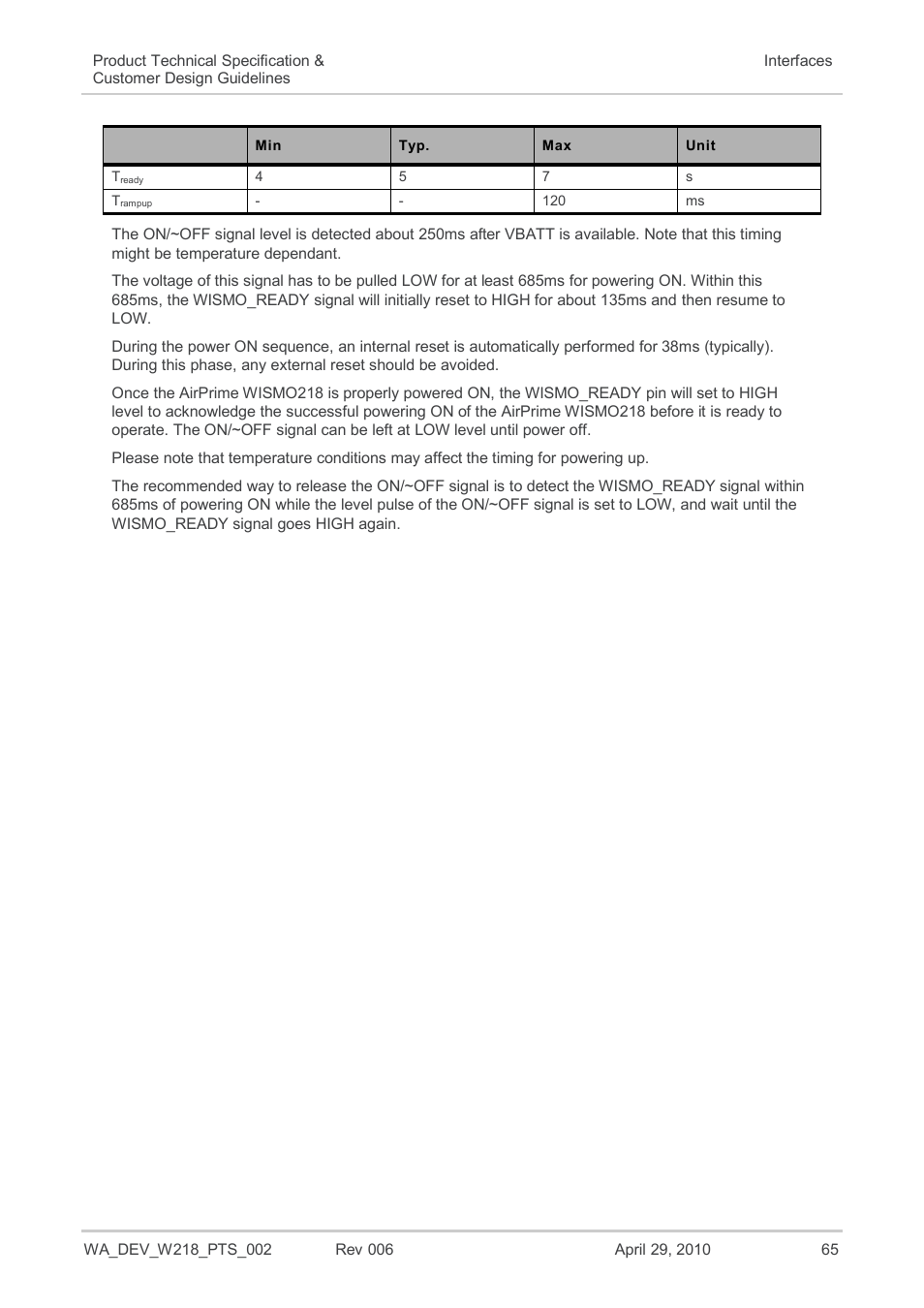 Power on sequence table | Sierra Wireless AIRPRIME WISMO218 User Manual | Page 65 / 103